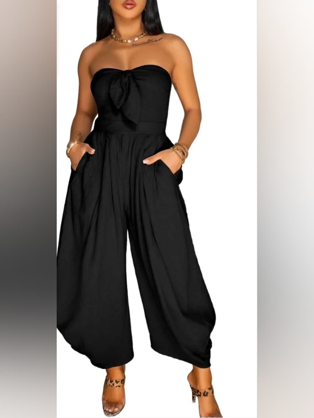 NEW- Strapless Wide-Leg Black Jumpsuit with Pockets - Women's